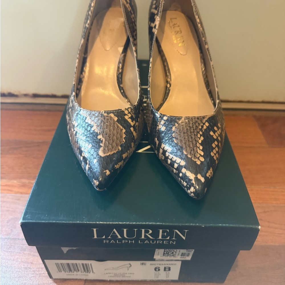 Lauren Ralph Lauren Snake-Print Pointed Toe Pumps in Black and Tan